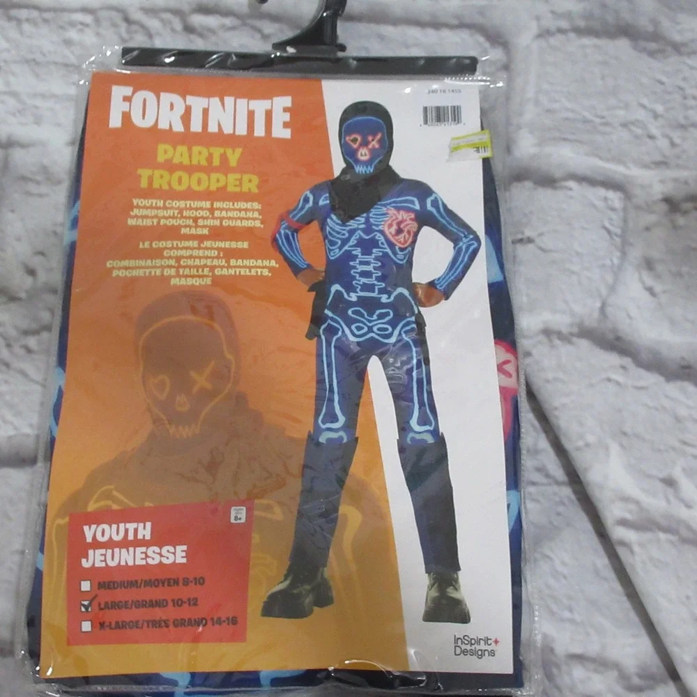 Fortnite Party Trooper Costume Youth Large 10-12 Blue New Skeleton Halloween